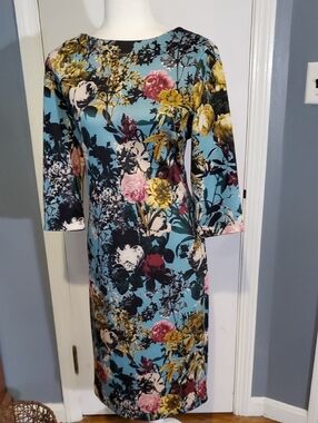 Floral Sheath Dress in Turquoise with Multi-Color Bloom
